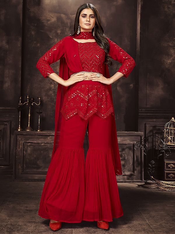 Red Georgette Chevron Pattern Mirror-Sequins Embroidered Crop Top Palazzo Suit with Designer Dupatta