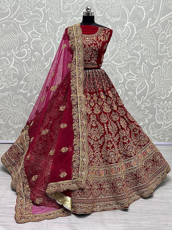 Rani-Pink Velvet Floral Pattern Bridal Lehenga Choli With Zari, Dori, Diamond Embroidery And Soft Net Scalloped Dupatta