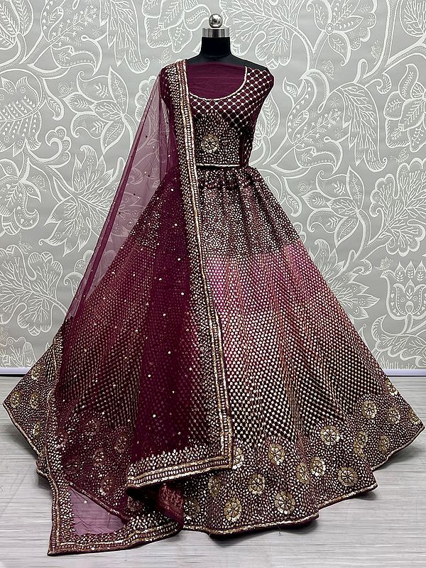 Net Jaal Pattern All-Over Sequins, Dori, Multi-Thread Embroidered Bridal Lehenga Choli With Bundi Motif Soft Net Dupatta