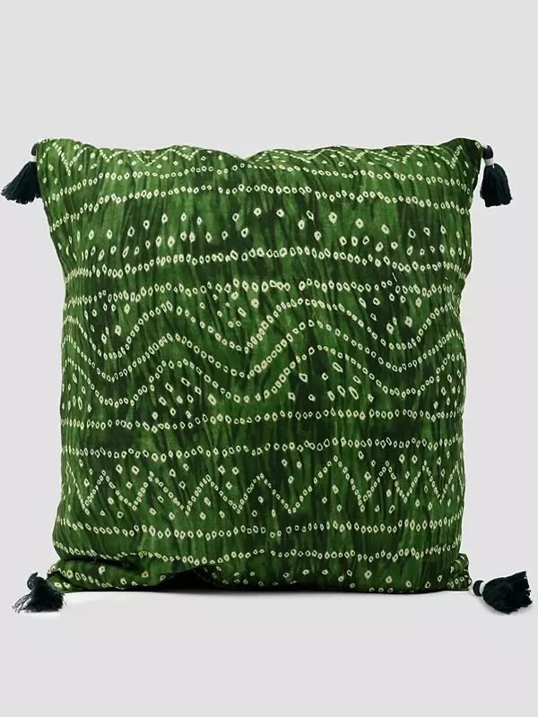 Elm-Green Bandhani Printed Cushion Cover with Tassels