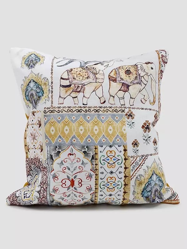 Lucent-White Cotton Cushion Cover with Printed Elephant and Flowers