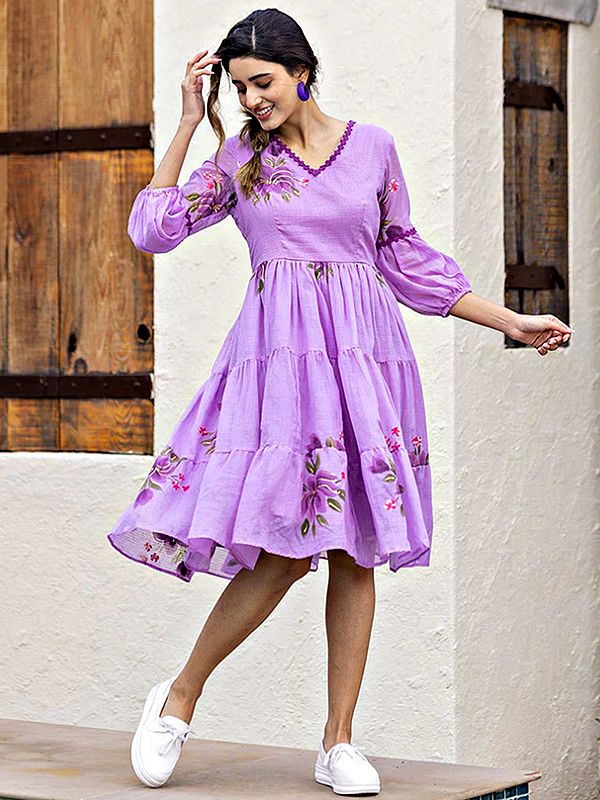 Purple Kota Check V-Neck Dress with Orchid Floral Digital Print