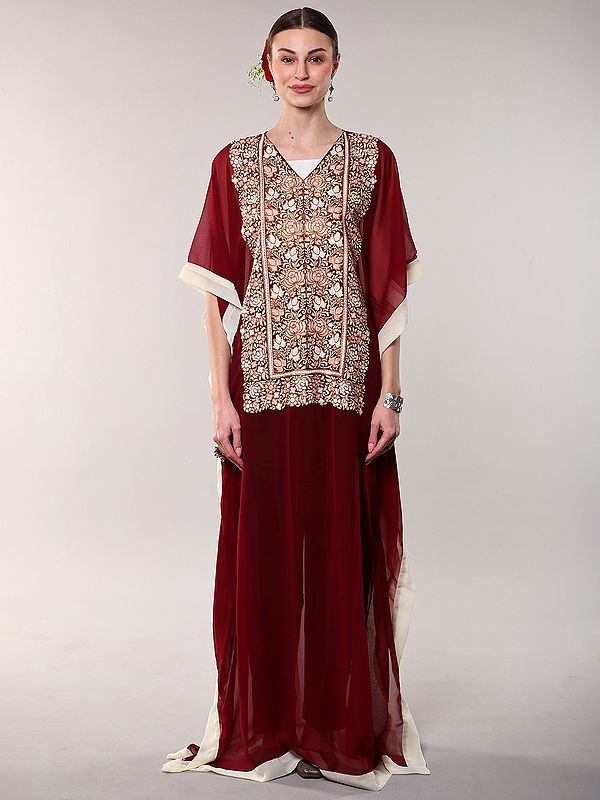 Georgette Kashmiri Long Kaftan with Floral Aari Embroidery