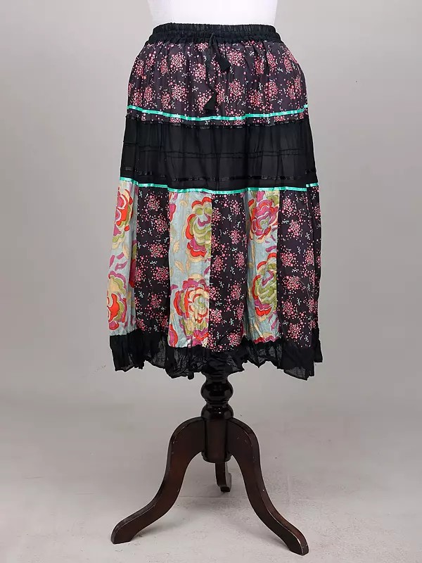Printed Elastic Long Skirt with Ruffle Border
