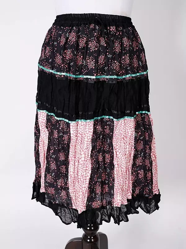 Black-Olive Printed Elastic Long Skirt with Ruffle Border
