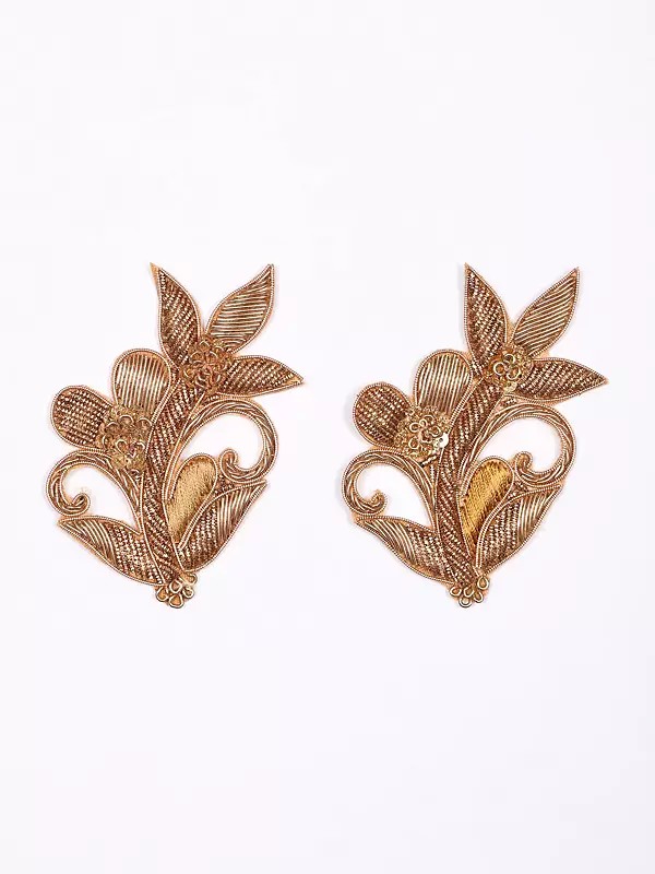 Pair of Golden Zardozi Floral Patches with Sequins work