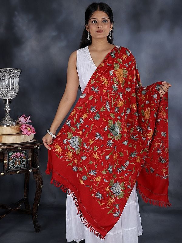 Floral Aari Hand-Embroidered Stole from Kashmir