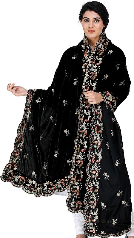 Velvet Dupatta from Amritsar with Embroidered Flowers and Sequins