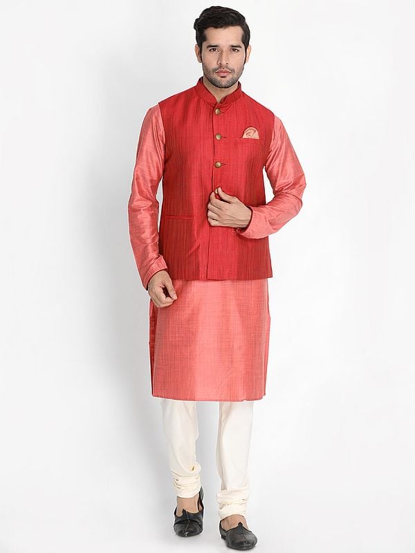 Cotton Silk Calf Length Pink Kurta With Cotton Blend Cream Churidar Pajama And Maroon Modi Jacket