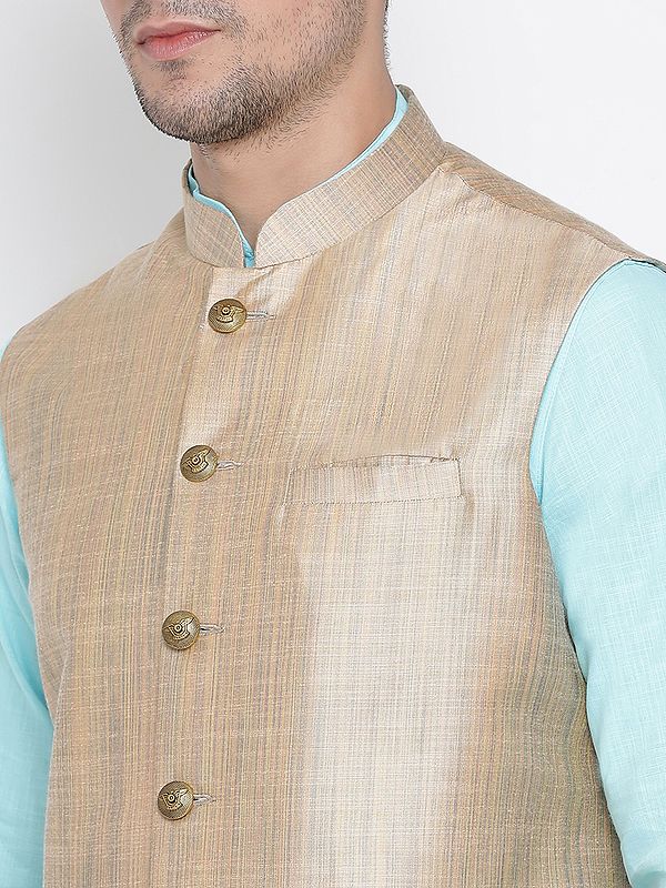 White Linen Satin Kurta Set With a Black Silk Nehru Jacket With White –  Smriti Apparels