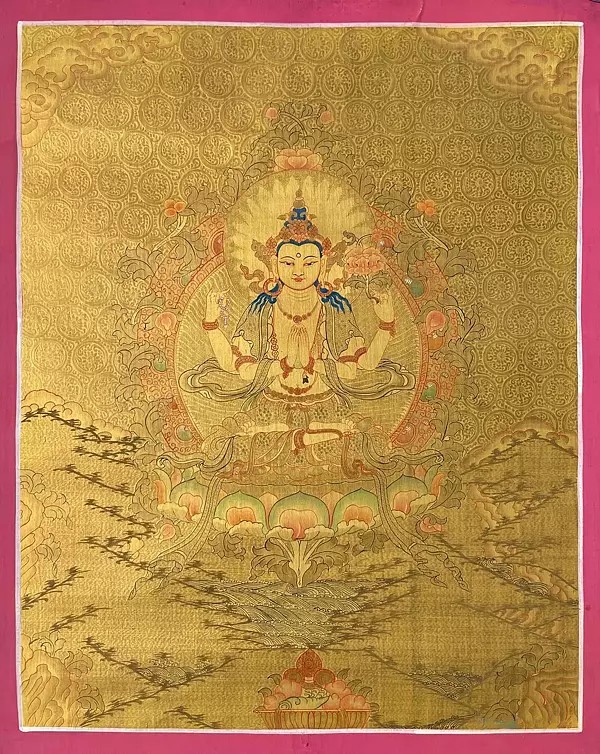 Chenrezig | Avalokiteshvara Full Gold  Thanka (Brocadeless Thangka)