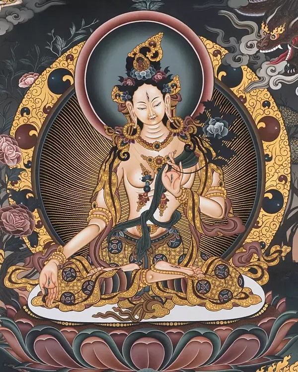 White Tara the Bodhisattva worshiped for Longetivity of life with 24k Gold work (Brocadeless Thangka)