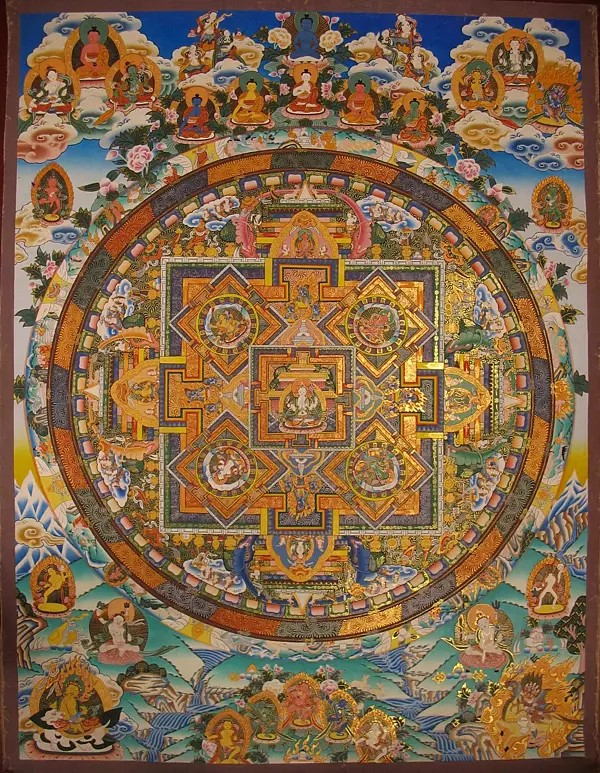 Old Large sized tibetan color style Chengrezig mandala with multiple deities (Brocadeless Thangka)