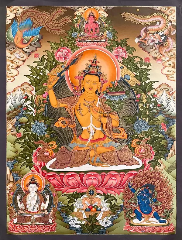 Goddess Manjushree The Deity of Wisdom Thangka (Brocadeless Thangka)