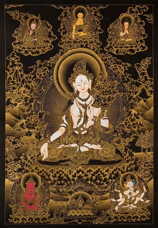 Goddess White Tara in Black and Gold Style (Brocadeless Thangka)