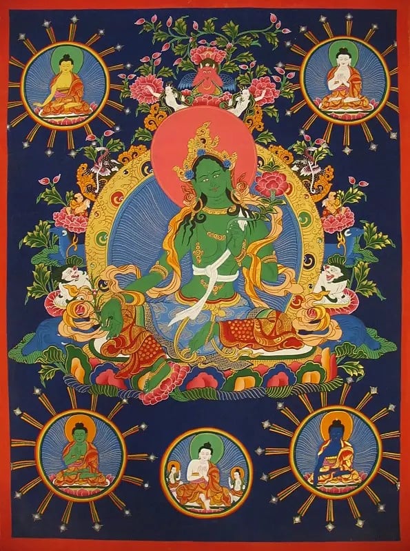 Green Tara with The Cosmic Buddhas (Brocadeless Thangka)