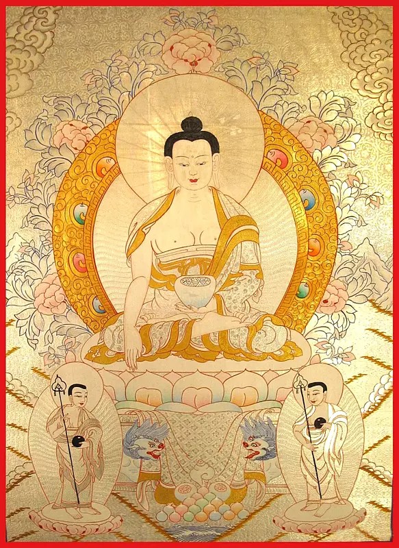 Shakyamuni Buddha Thangka with Silver and Gold (Brocadeless Thangka)