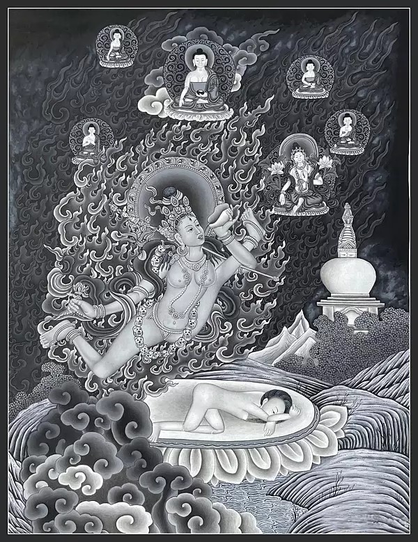 Aakash Yogini or Vidyadhari Visualized by Siddhas Such as Maitripa in Black and White Nevari Style Thangka (Brocadeless Thangka)