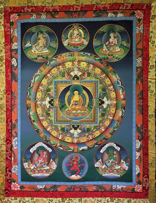 Old Shakyamuni Buddha Mandala with Brocade Mounted