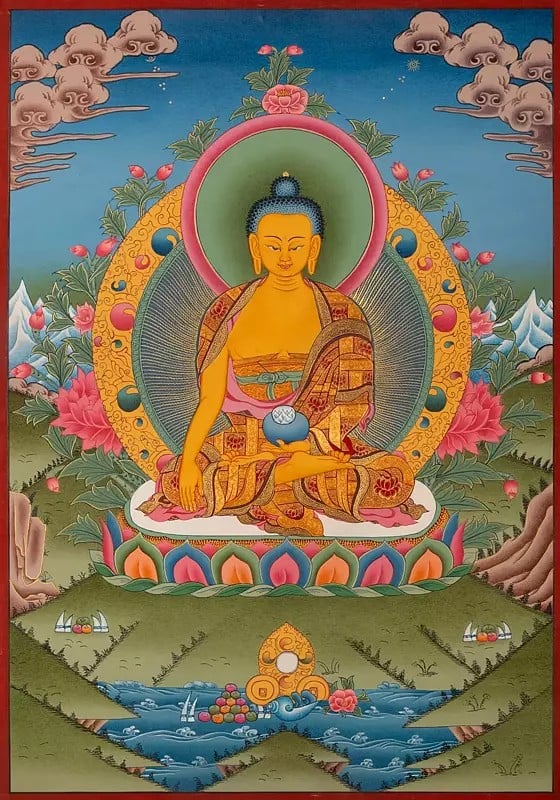 Buddha in Bhumi-Sparsha Mudra Thangka (Brocadeless Thangka)