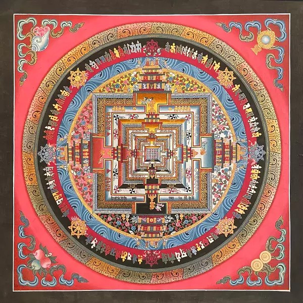 Fine Quality Kalachakra Mandala Palace Representing the Cosmos System with 24k Gold Work (Brocadeless Thangka)