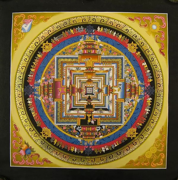 Kalachakra Mandala Palace Worshipped for The Betterment of All The Sentient Beings with 24k Gold Work (Brocadeless Thangka)