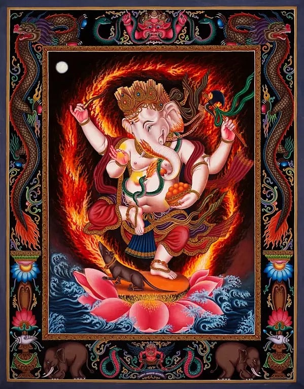 4 Armed Standing Ganesha in Nevari Style with Naga Motifs|Newari thangka (Brocadeless Thangka)