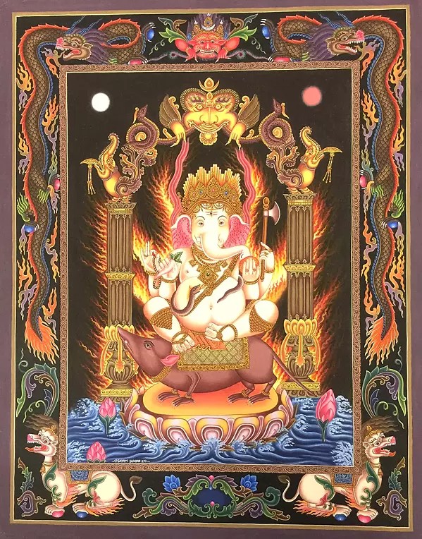 4 Armed Sitting Ganesh in Newari Style with Dragon Motifs (Brocadeless Thangka)
