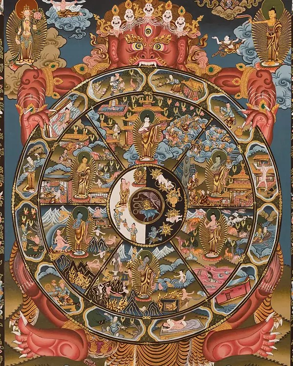 Wheel Of Life With Dragon and Auspicious Motif (Brocadeless Thangka)