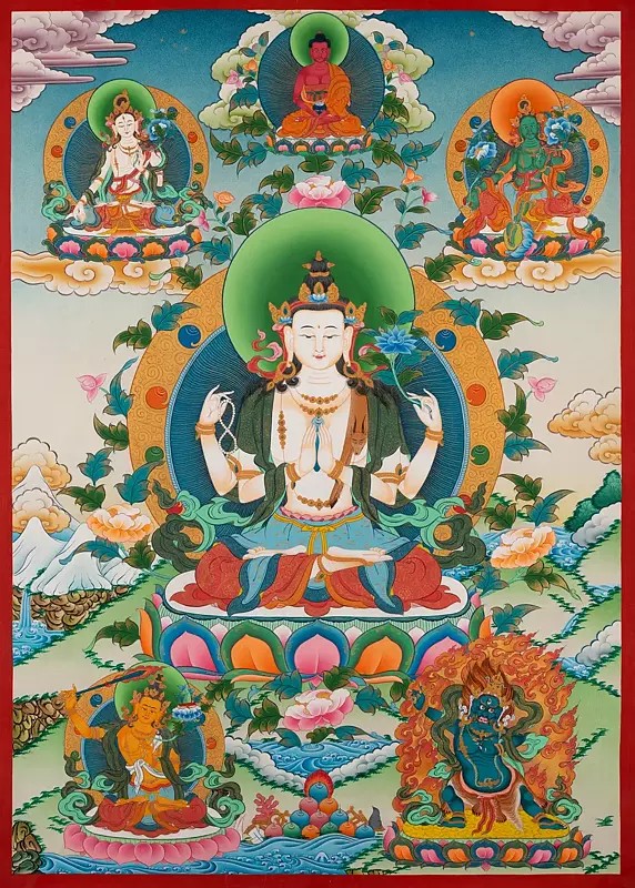 Goddess Chengrezig Thangka (Brocadeless Thangka)