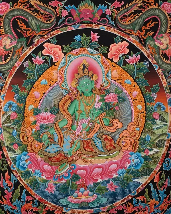 Green Tara Thangka Painting Newari Style (Brocadeless Thangka)