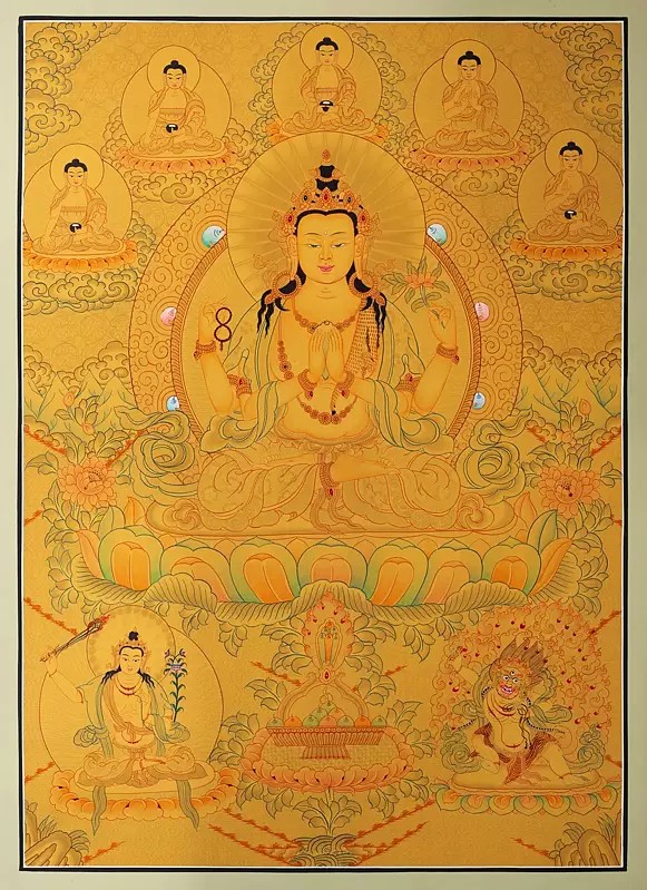 Chengrezig Thangka | Avalokitesvara Thangka with 24k Gold (Brocadeless Thangka)
