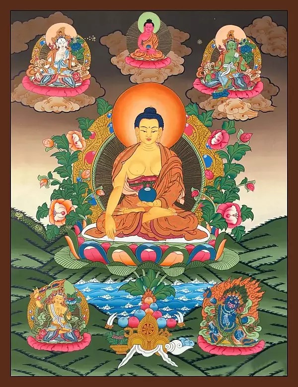 Shakyamuni Buddha Flanked by Boddhisattvas Thangka (Brocadeless Thangka)