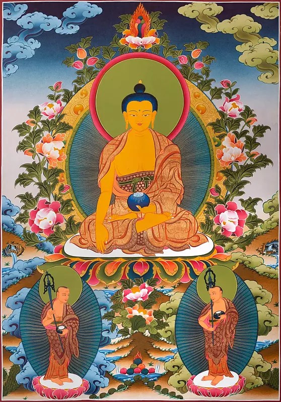 Buddha Shakyamuni with His 2 Chief Disciples (Brocadeless Thangka)