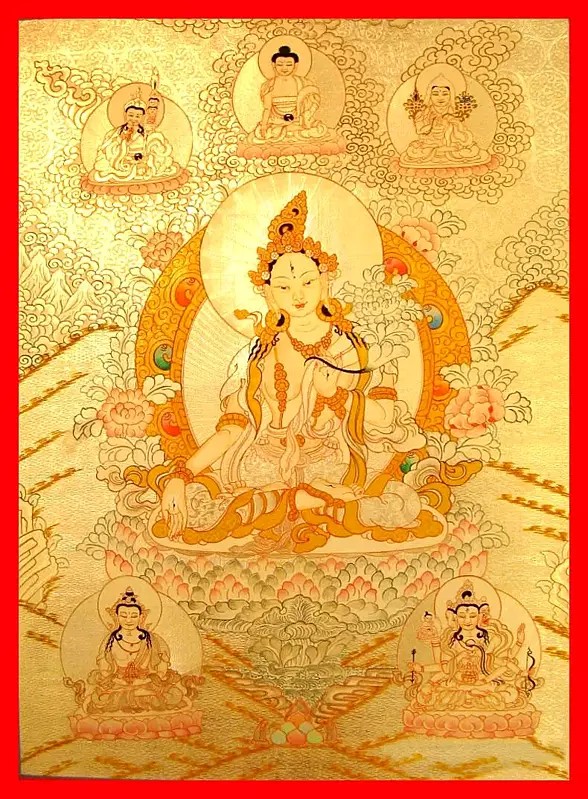 White Tara Thangka  in Pure Silver Style (Brocadeless Thangka)