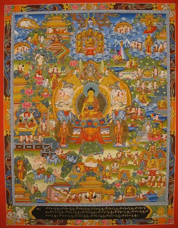 Buddha Life Story with the Dragon Motif Border (Brocadeless Thangka)