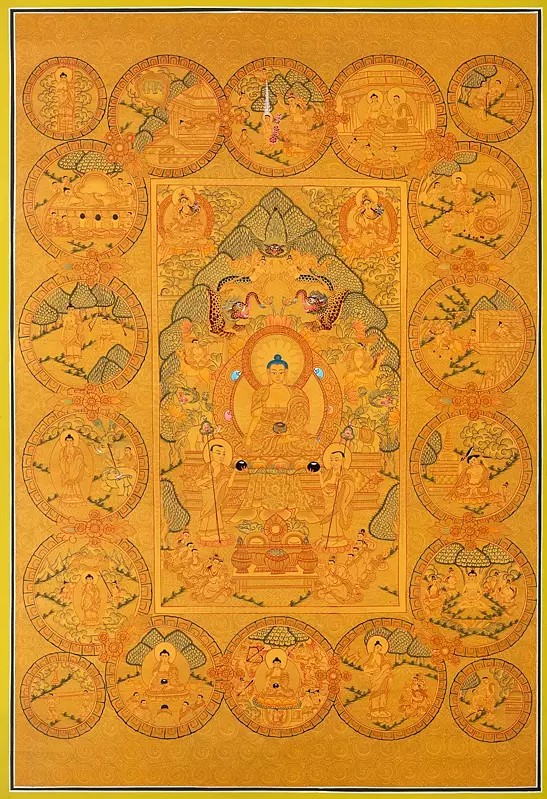All Gold Style Buddha Life Story Depicted Inside 18 Circles (Brocadeless Thangka)