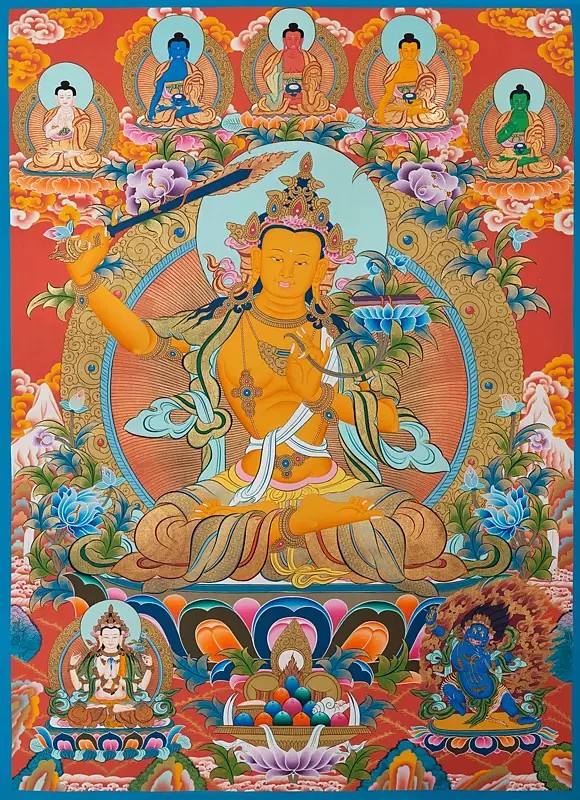 Manjushree with 5 Dhyani Buddhas Thangka (Brocadeless Thangka)