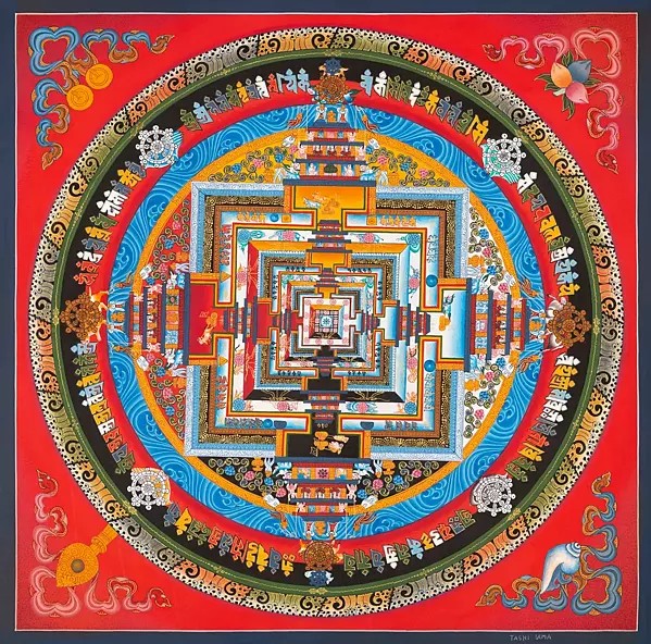 Kalachakra Mandala Palace Representing Five Major Elements of Life with 24k Gold Work (Brocadeless Thangka)