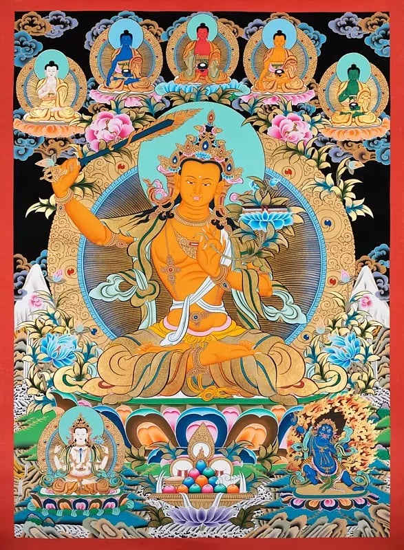 Manjushree with Five Buddha (Brocadeless Thangka)