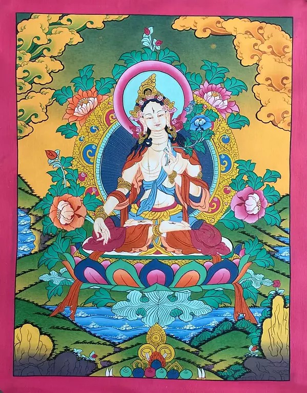 Goddess White Tara Thangka (Brocadeless Thangka)