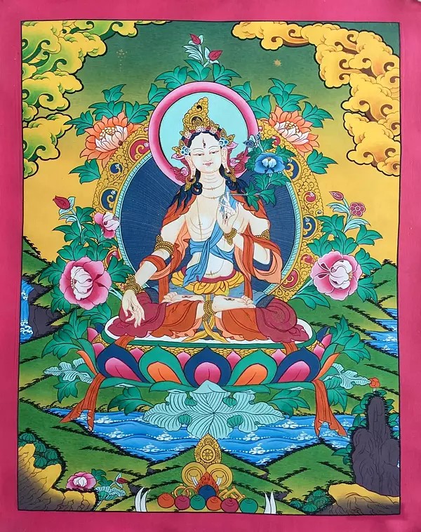Goddess White Tara Thangka (Brocadeless Thangka)