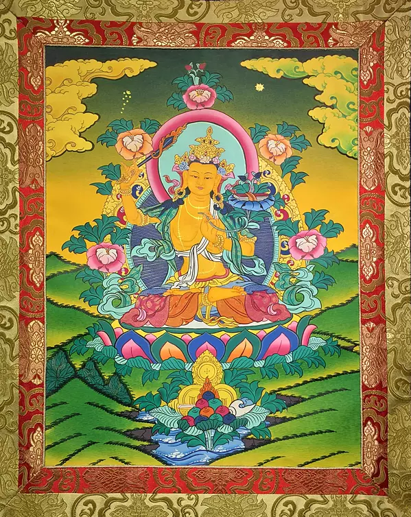 Medium Sized Bright Colored Manjushree with Brocade Mounted