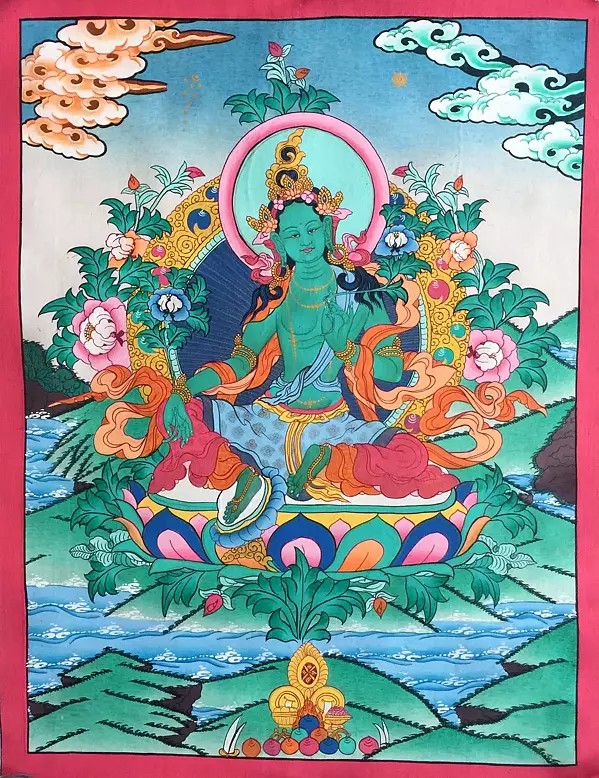 Green Tara Thangka (Brocadeless Thangka)