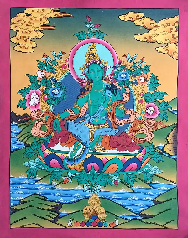 Green Tara Thangka (Brocadeless Thangka)