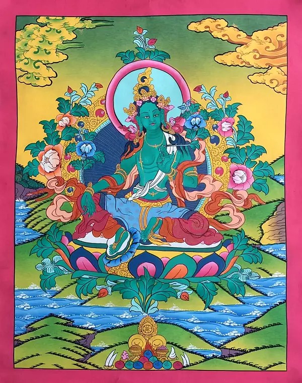 Green Tara Thangka (Brocadeless Thangka)