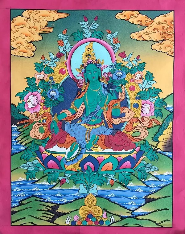 Green Tara Thangka (Brocadeless Thangka)