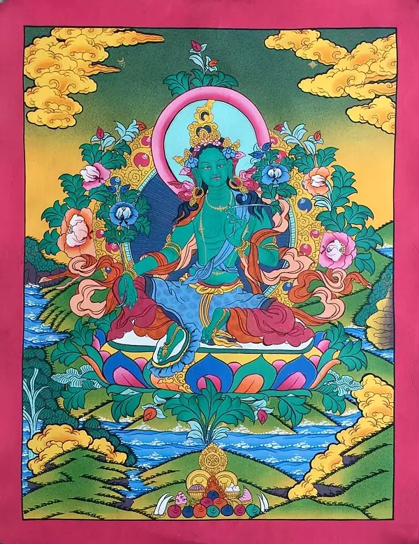 Green Tara Thangka (Brocadeless Thangka)