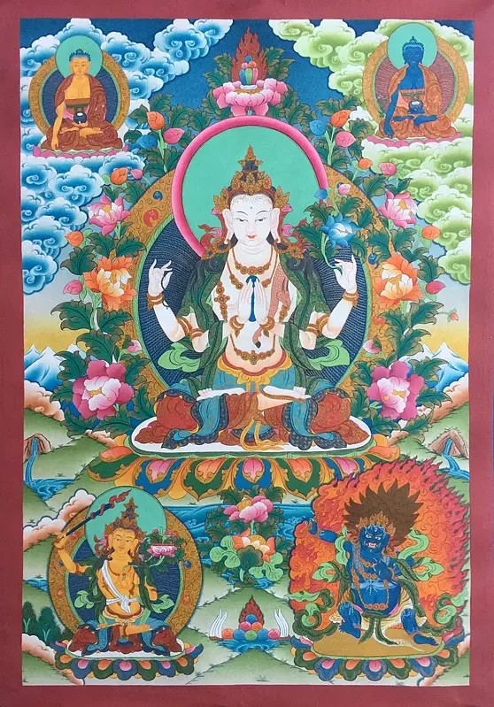 Colorful Chengrezig Flanked by Bodhisattvas (Brocadeless Thangka)
