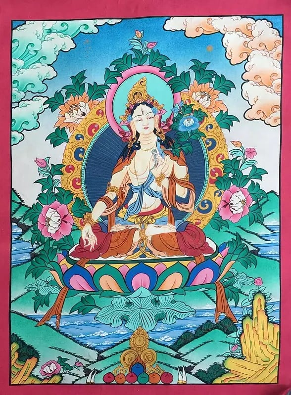 Goddess White Tara Thangka (Brocadeless Thangka)